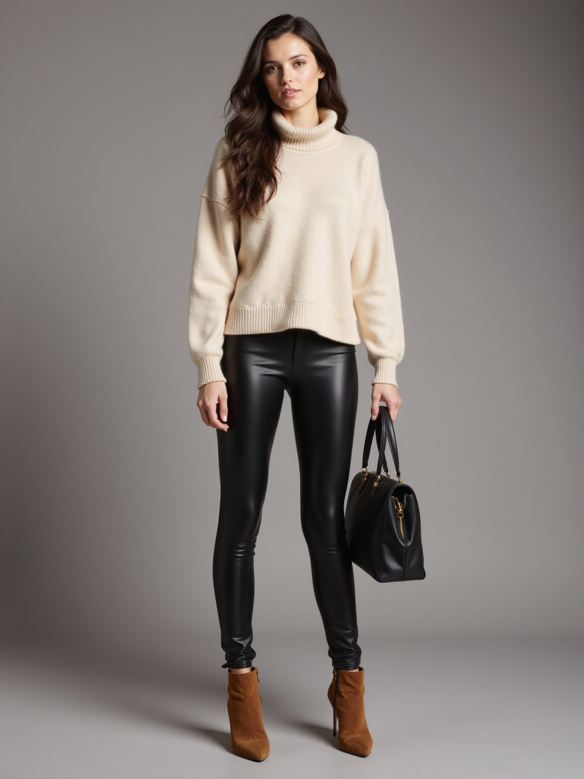 glossy leggings with oversized sweater