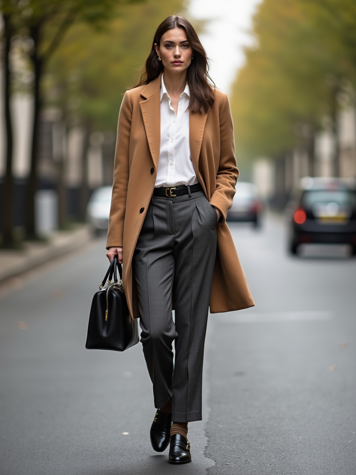 glossy loafers textured autumn layering