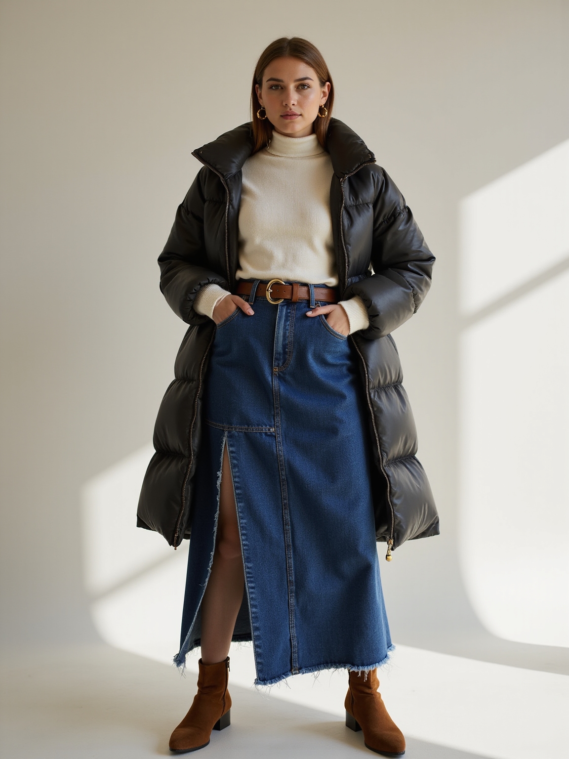 glossy puffer high slit maxi