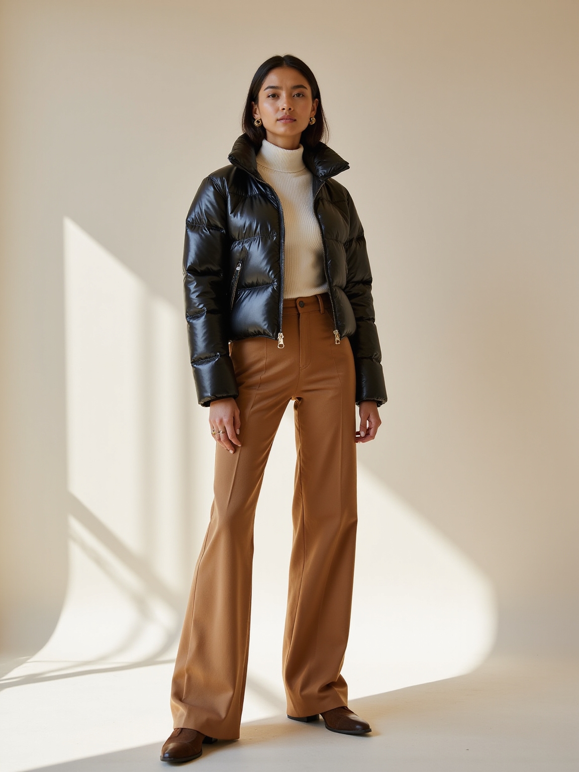glossy puffer wide leg trousers