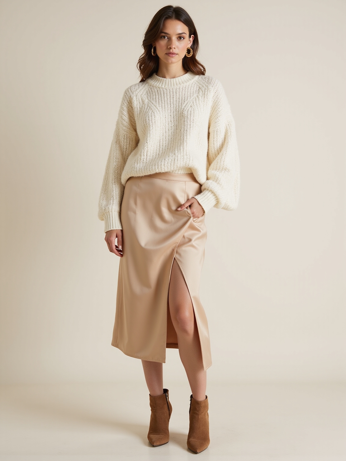 glossy satin skirt chunky knit