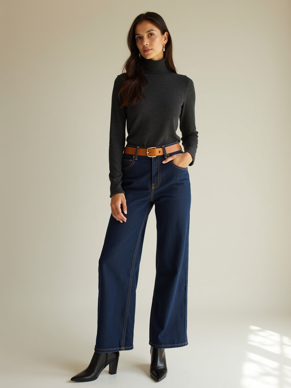 high waist denim slim turtleneck