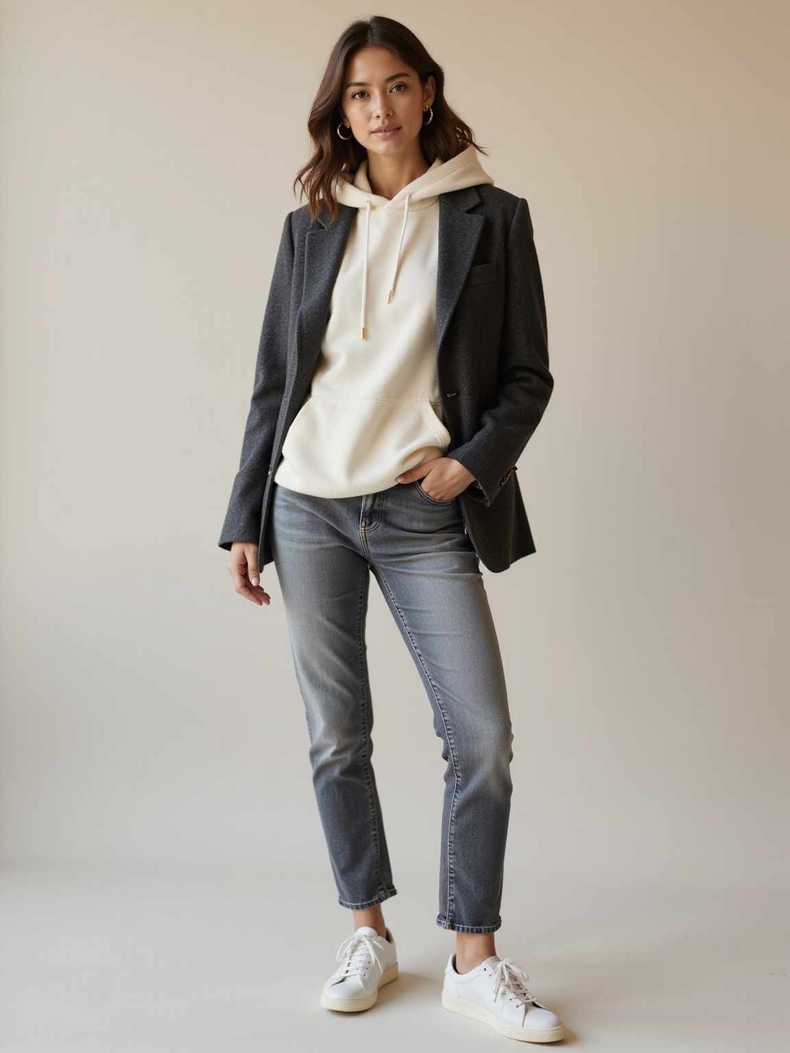 hoodie under blazer straight jeans ensemble