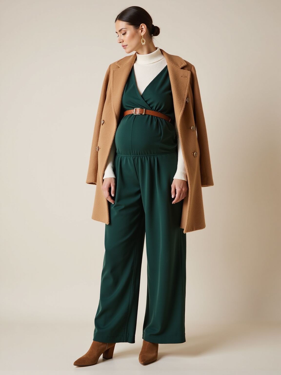 layered autumn maternity jumpsuit elegance