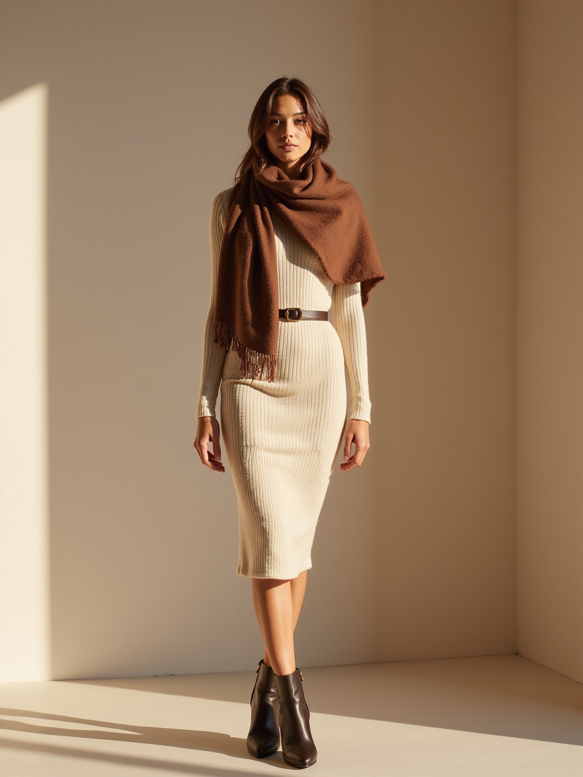 layered scarves sleek knitwear