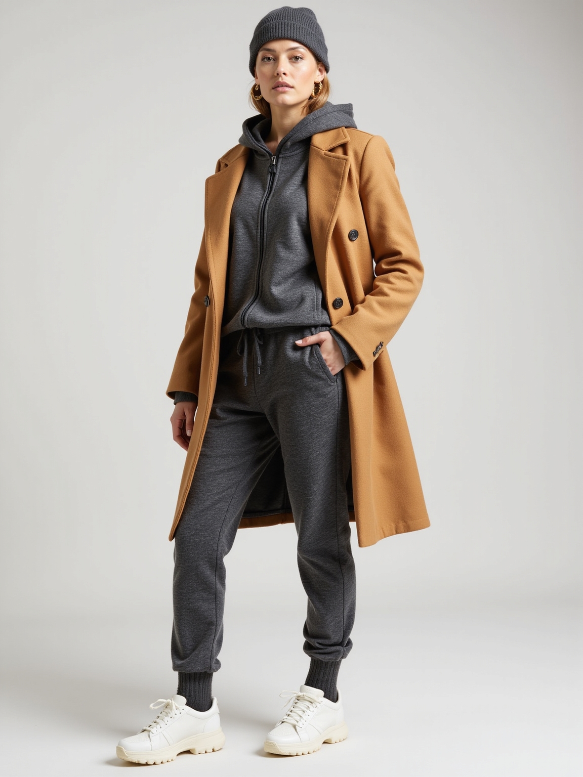layered tracksuit under overcoat