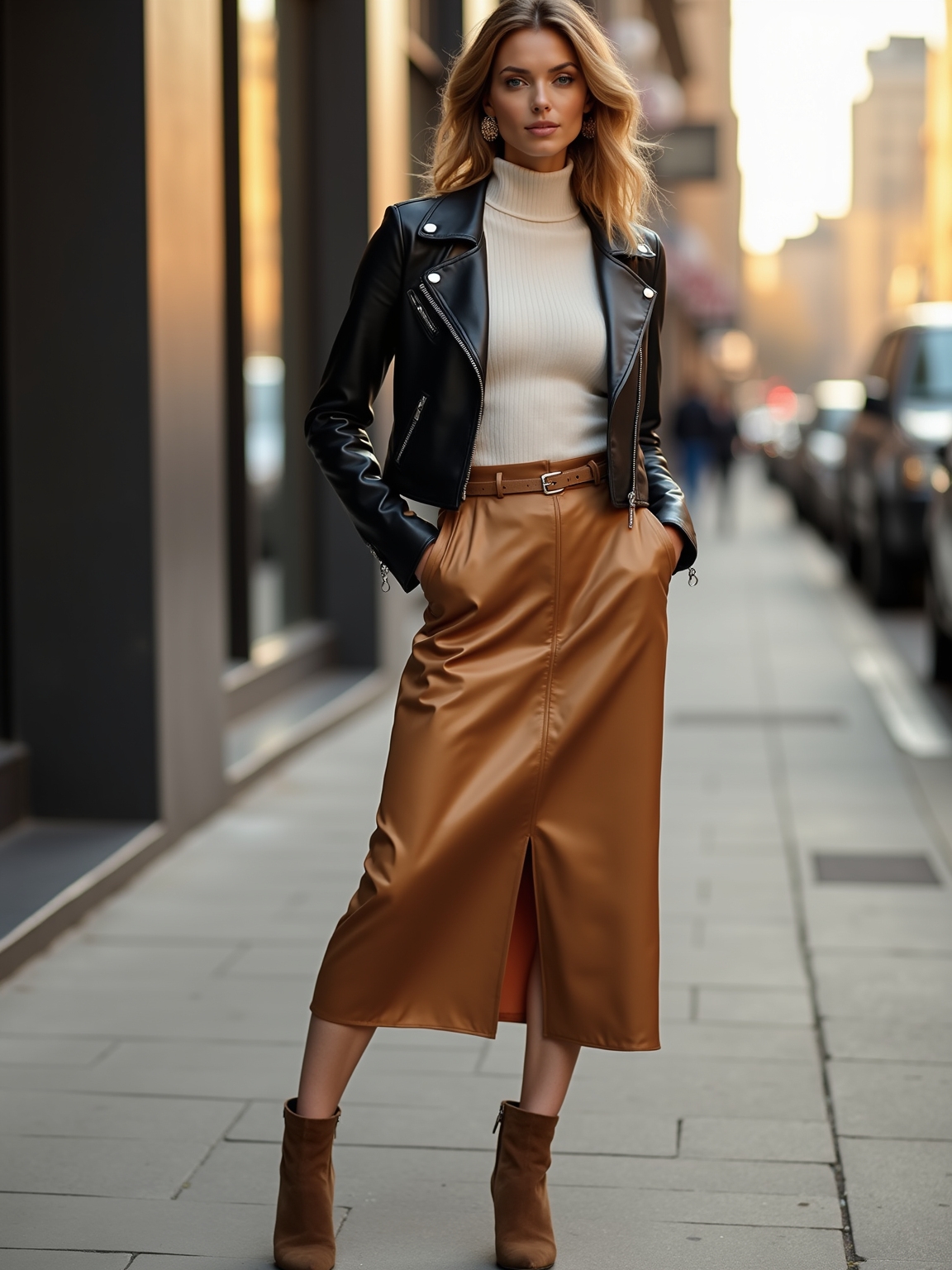 leather jacket silk midi