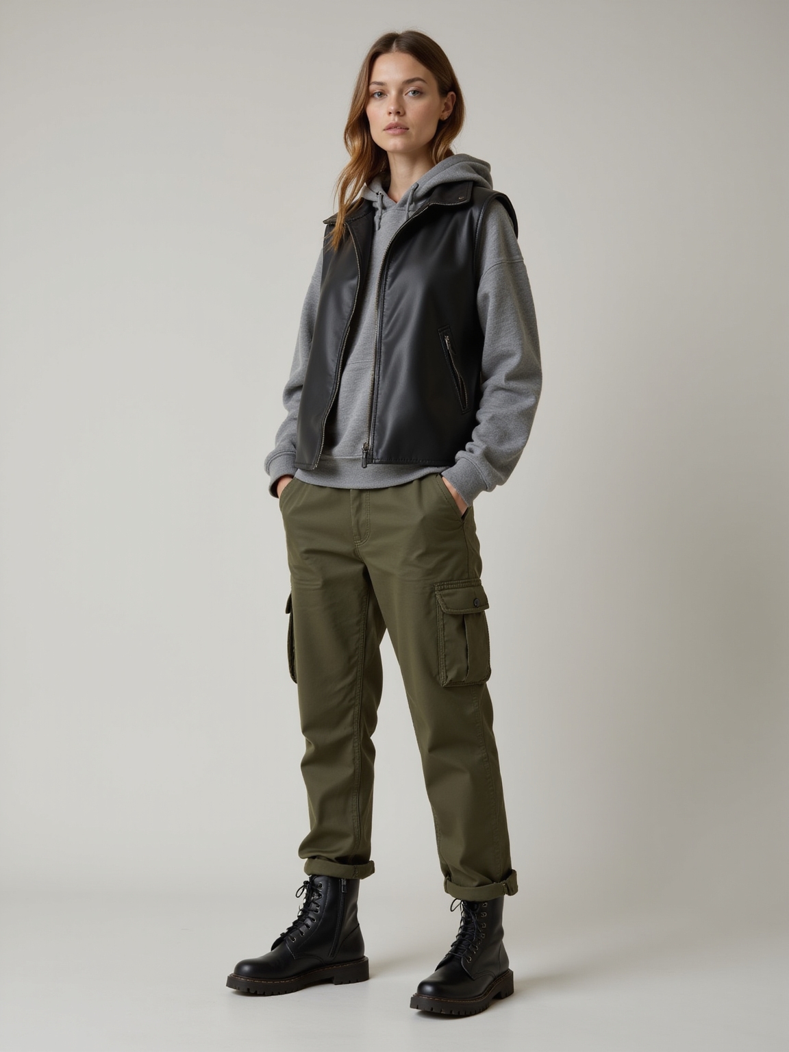 leather vest over hoodie