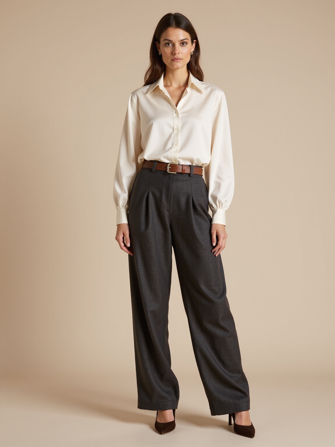liquid silk blouse belted trousers