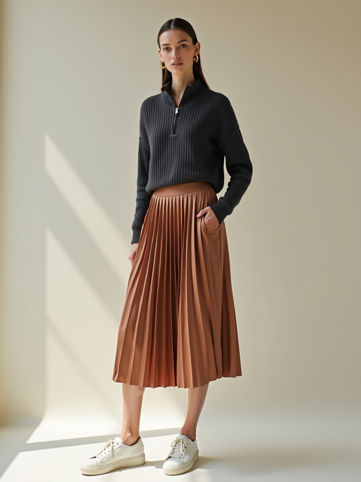 merino half zip pleated skirt