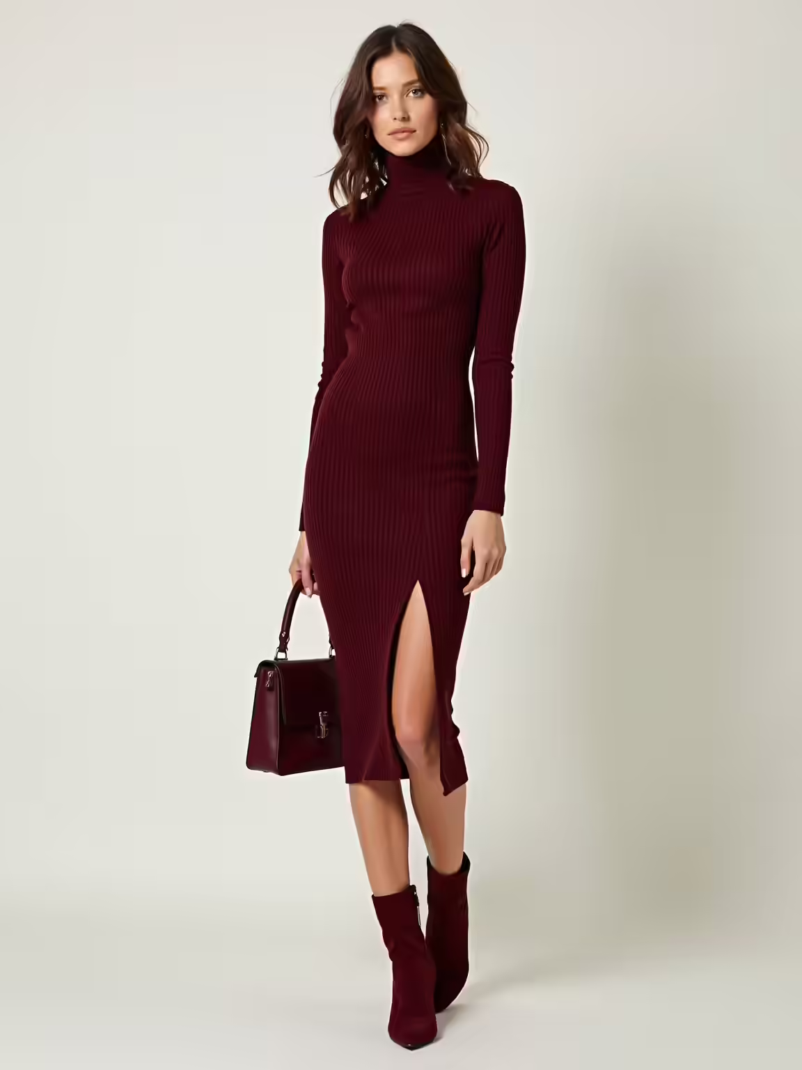 monochrome burgundy knitwear ensemble