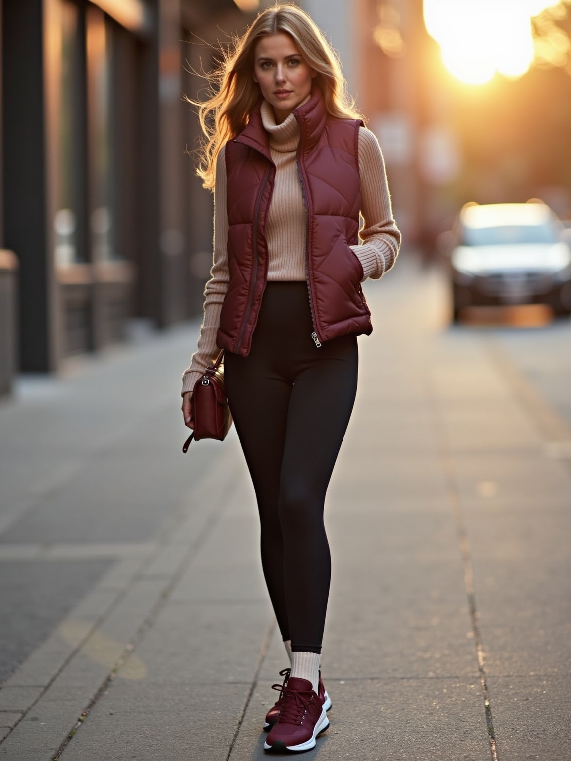 monochrome burgundy puffer ensemble
