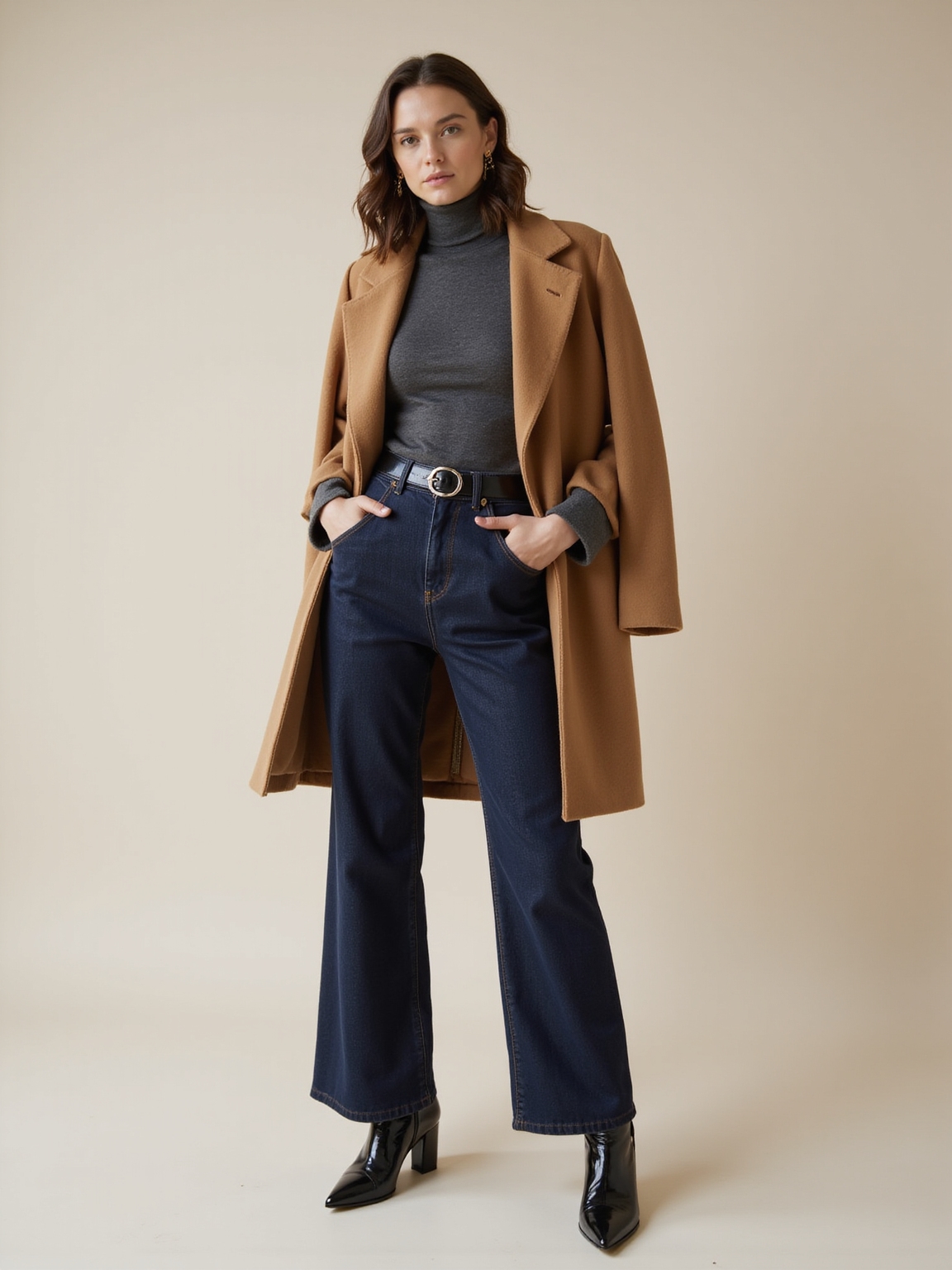 monochrome wide leg turtleneck ensemble
