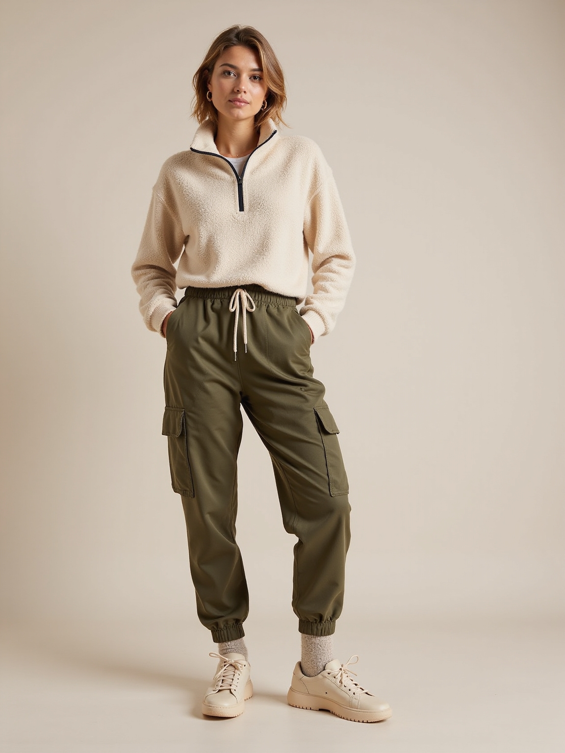 moss green fleece charcoal cargos