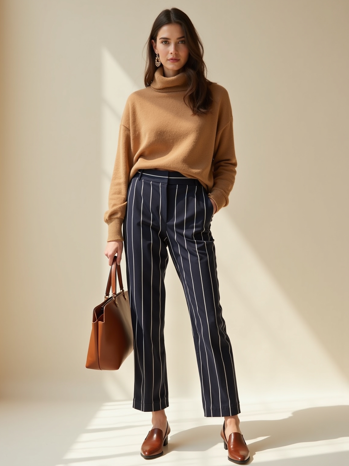 navy striped stretch trousers ensemble