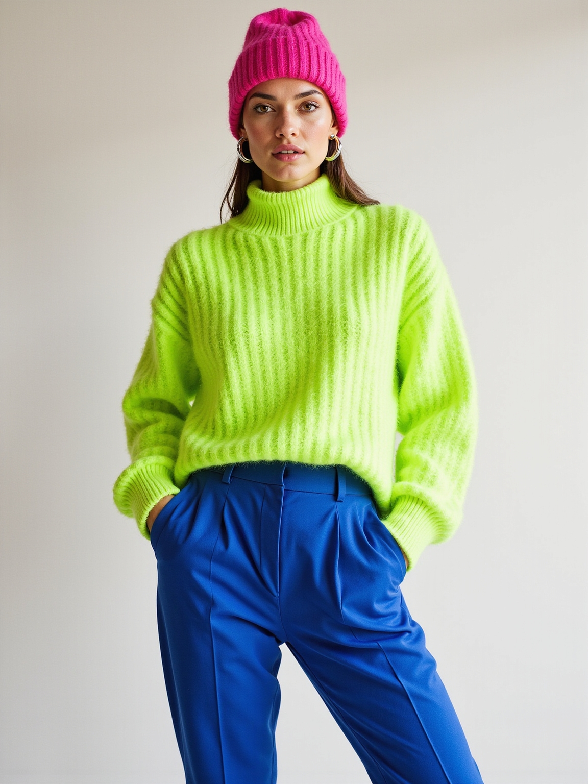 neon sweater layered with camel