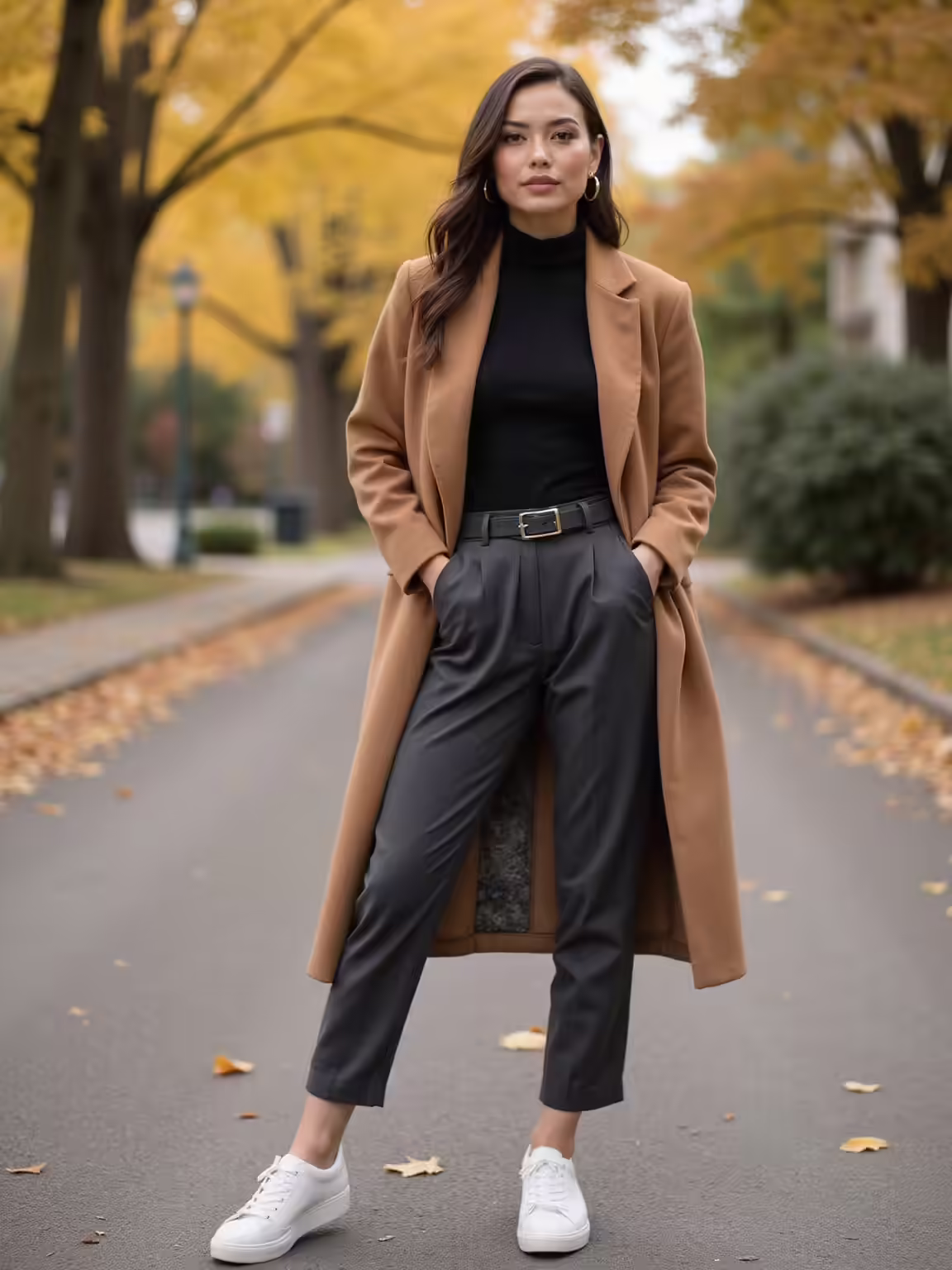 neutral leather sneakers cropped trousers