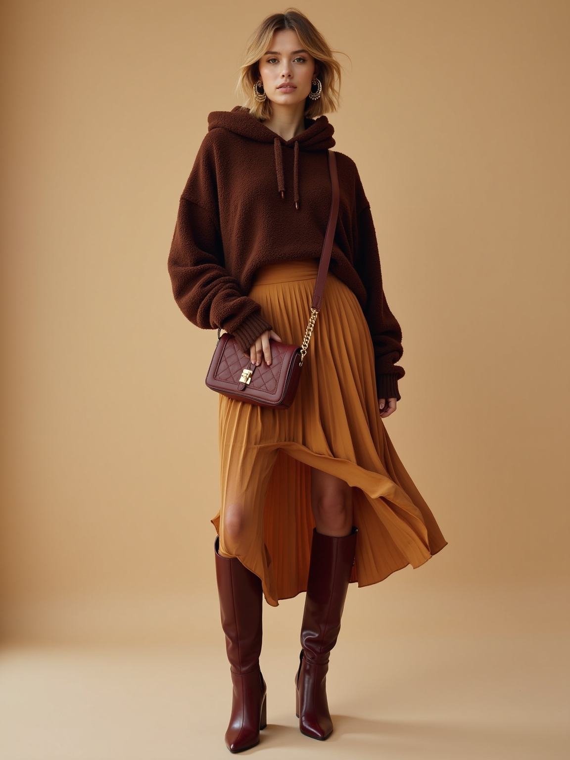 oversized espresso hoodie with pleated skirt