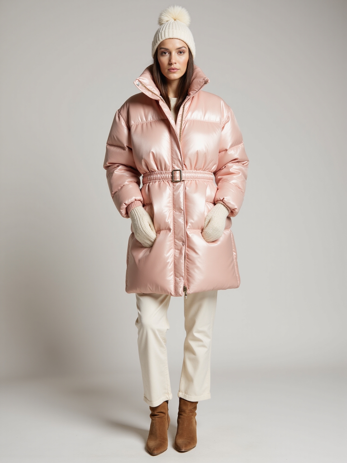 pastel puffer coats bow beanies