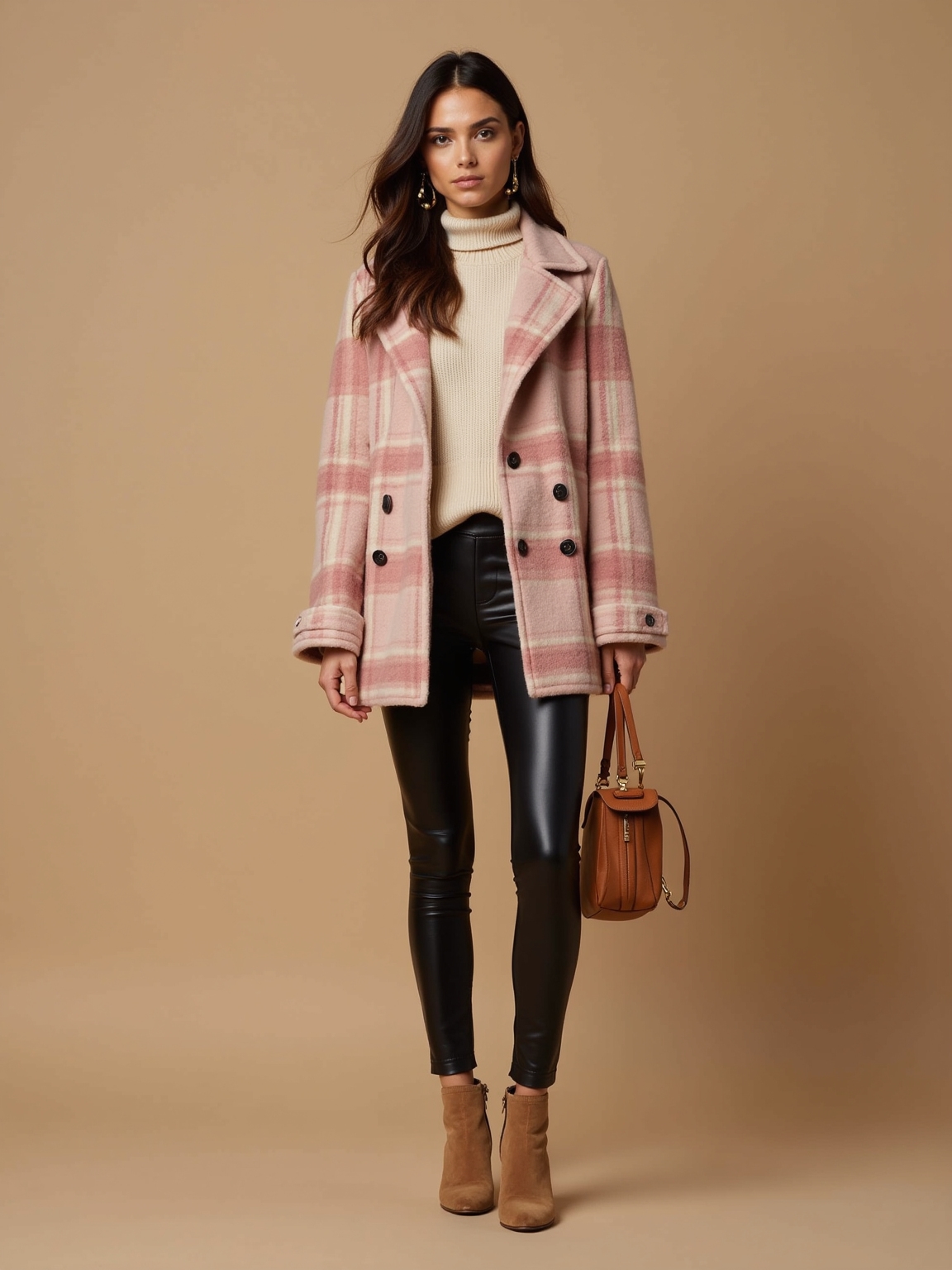 pink plaid faux leather contrast