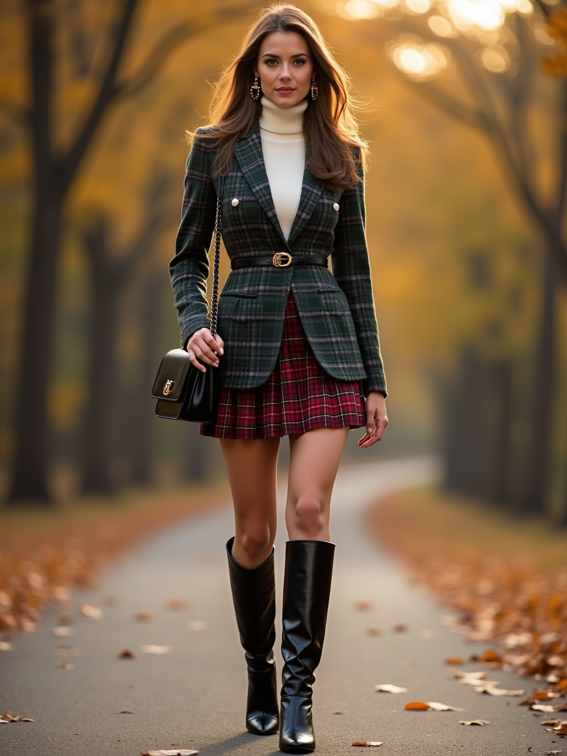 plaid paired with leather boots