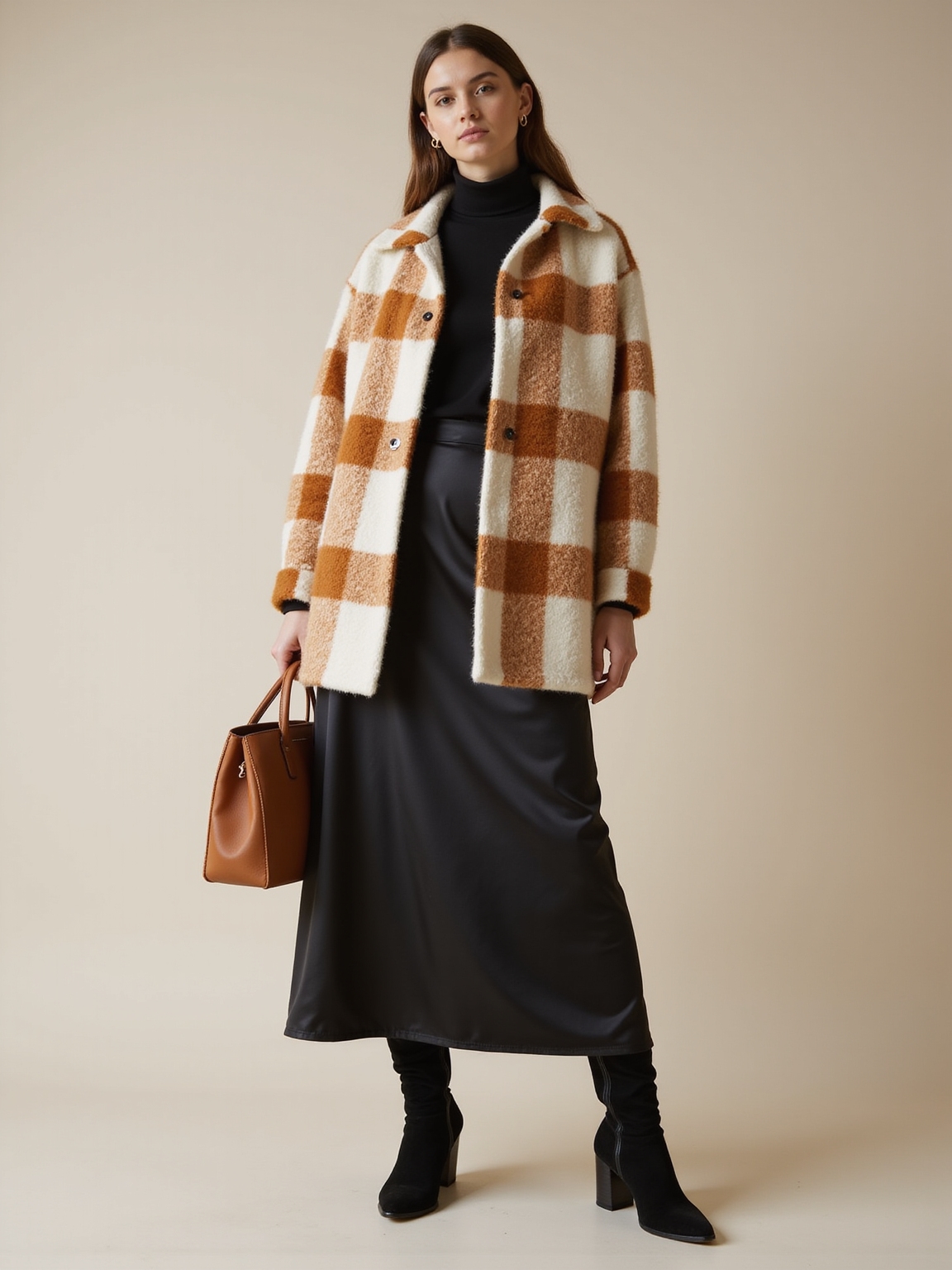 plaid shacket with satin skirt