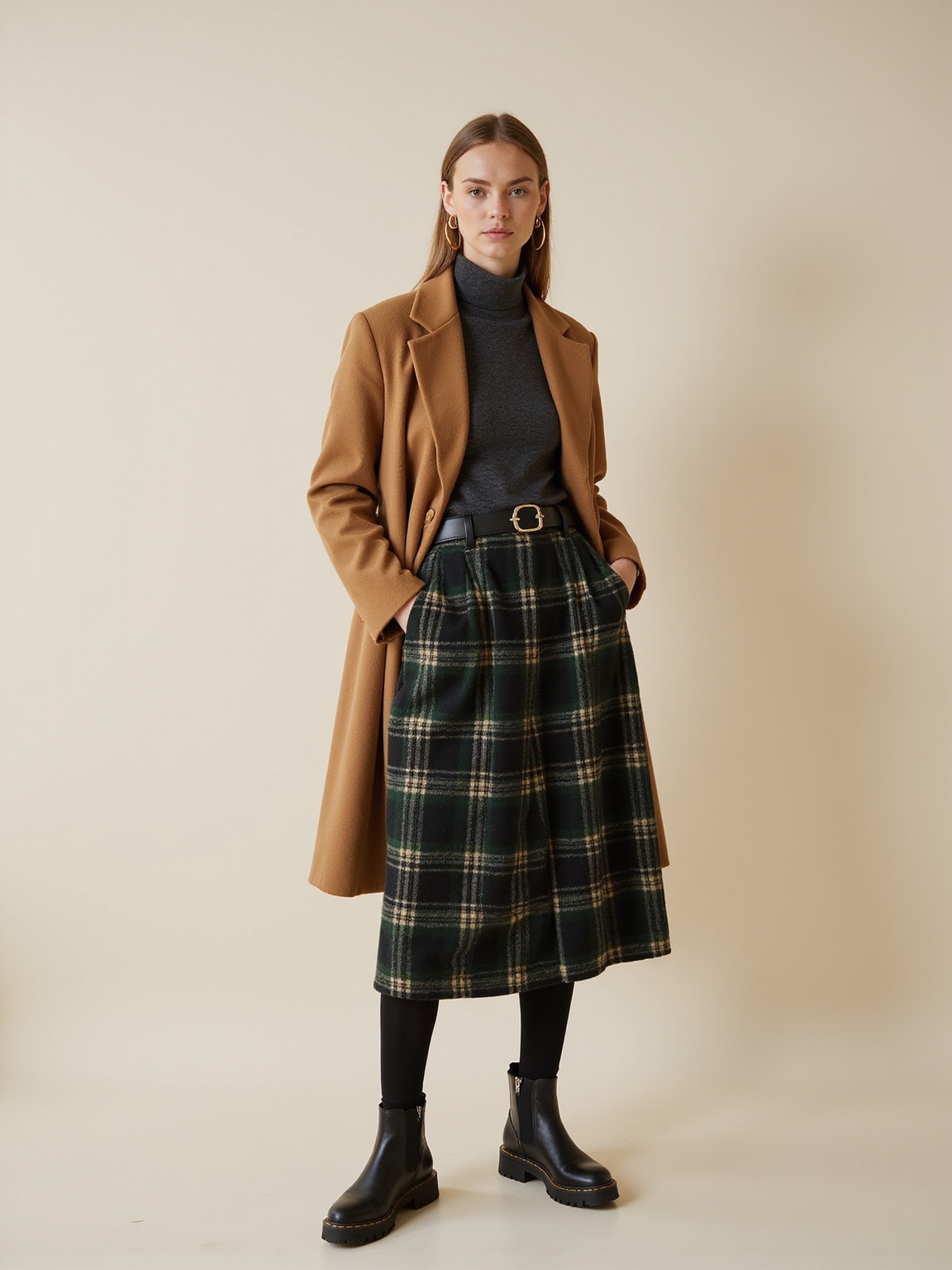 plaid skirt matte tights lug sole boots