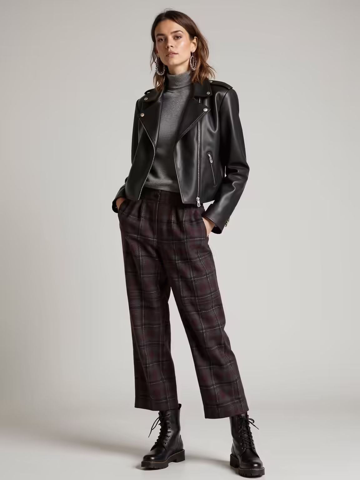 plaid trousers scuffed moto jacket