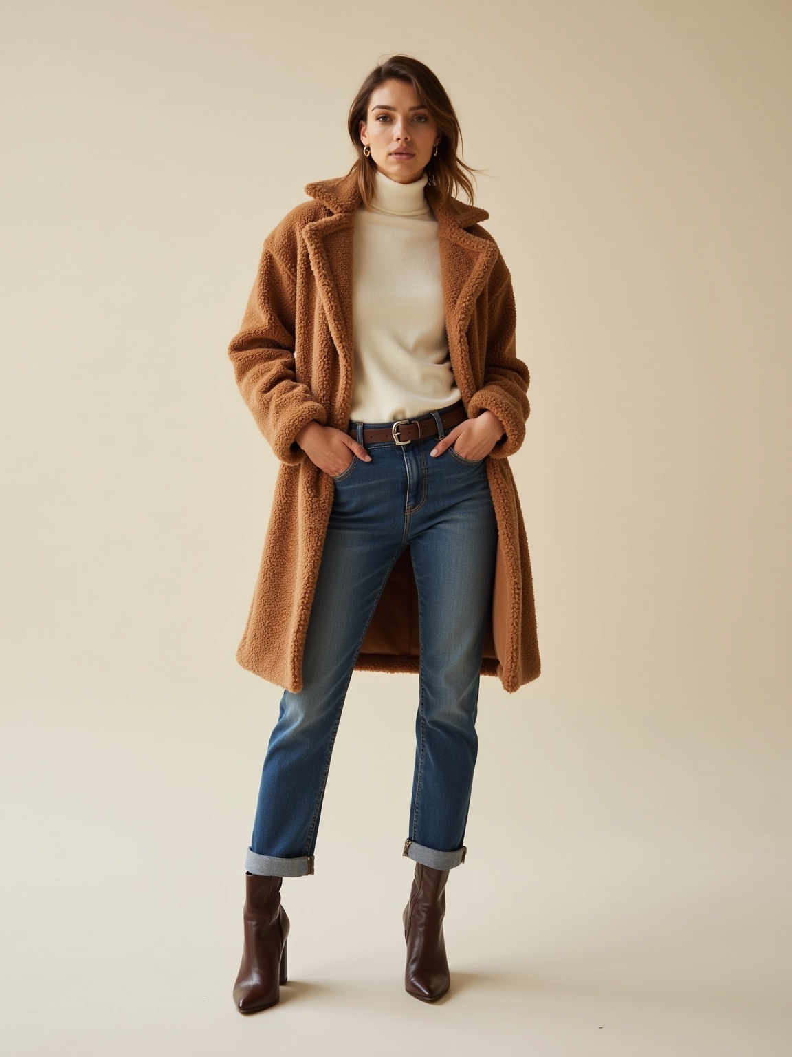 plush coat with straight leg denim