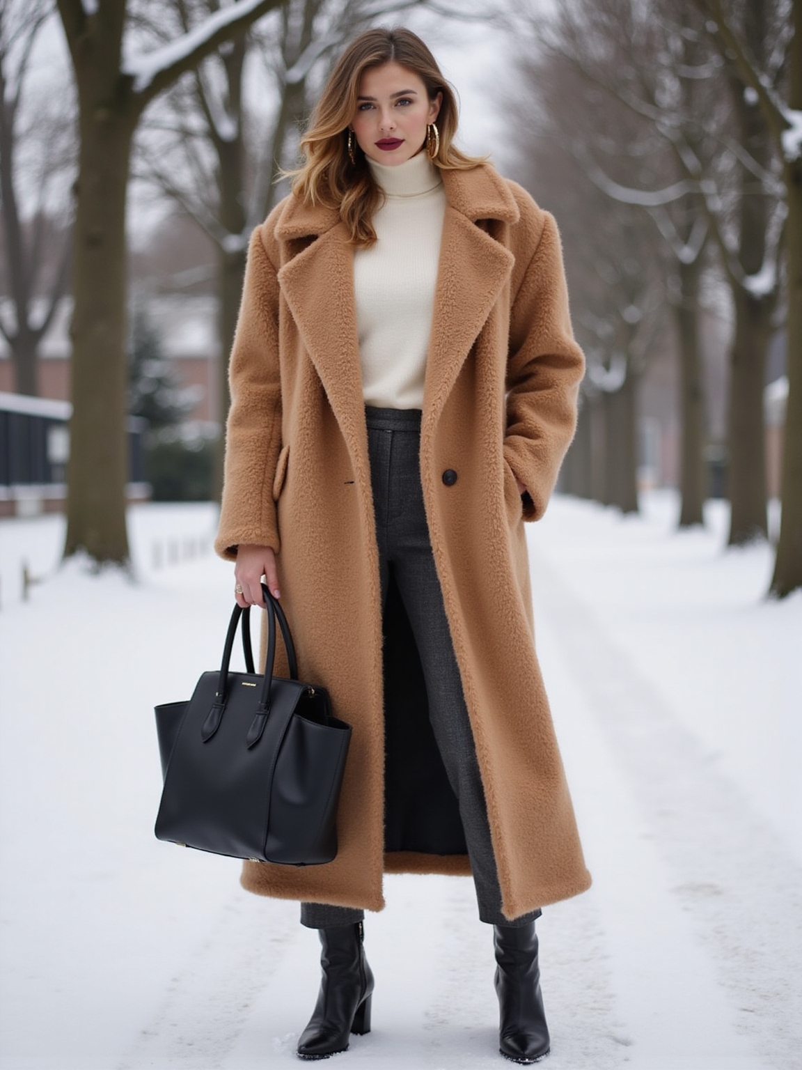plush shearling camel wrap puffer
