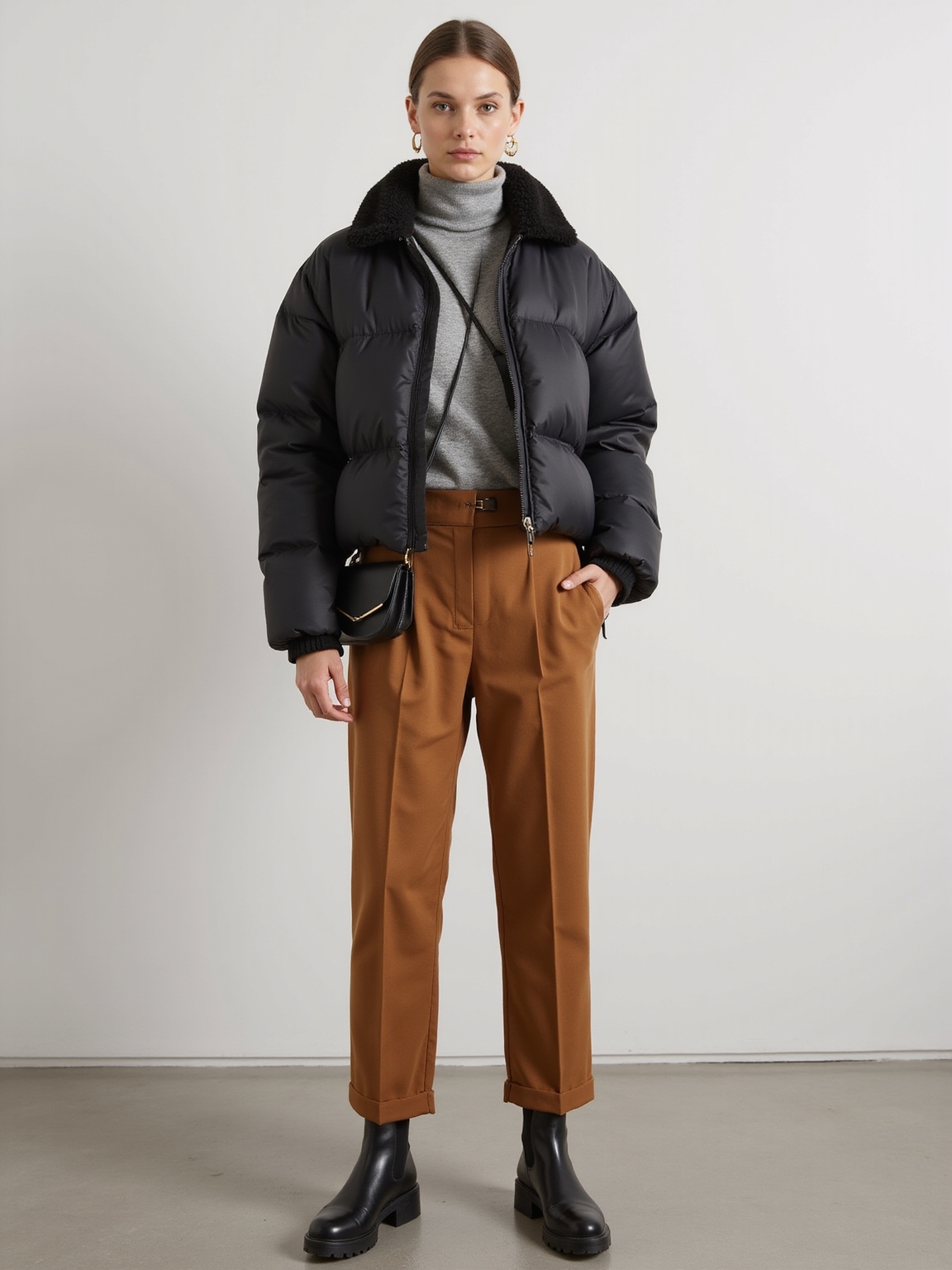 puffer jacket with lug sole boots