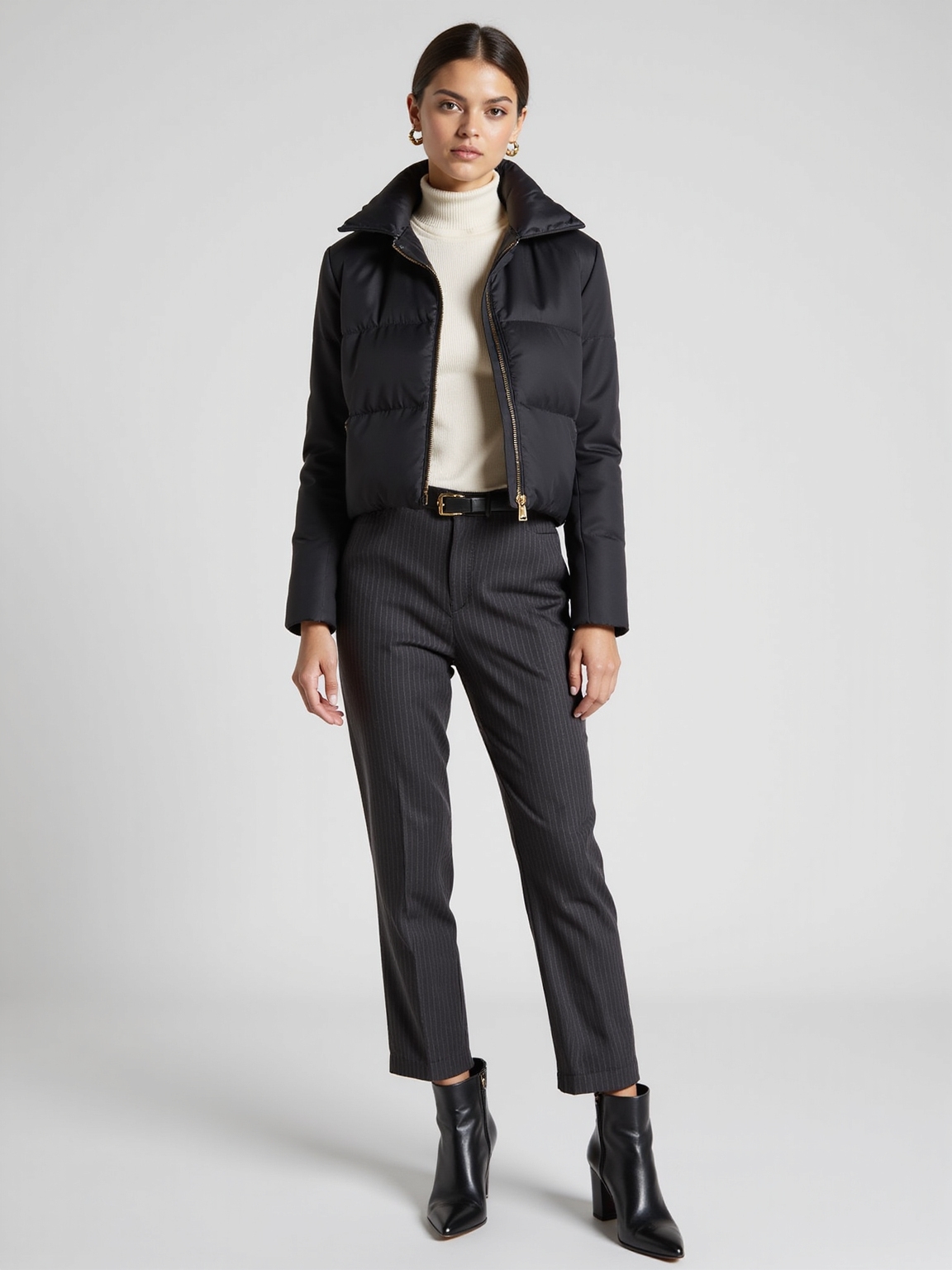 puffer over tailored suit