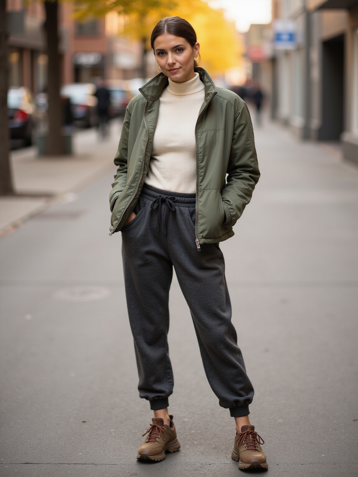 quilted fleece jacket and sneakers