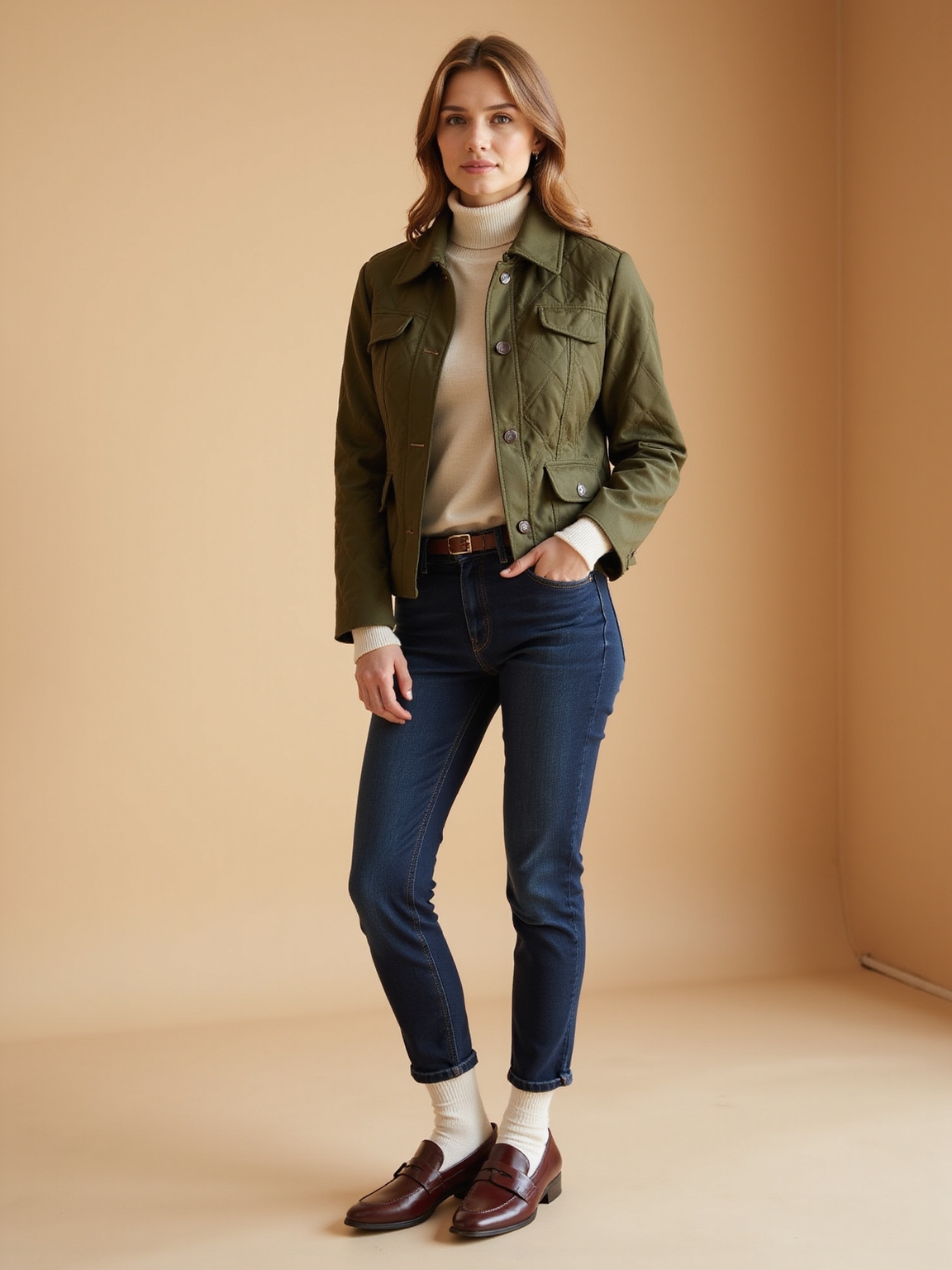 quilted jacket straight jeans loafers