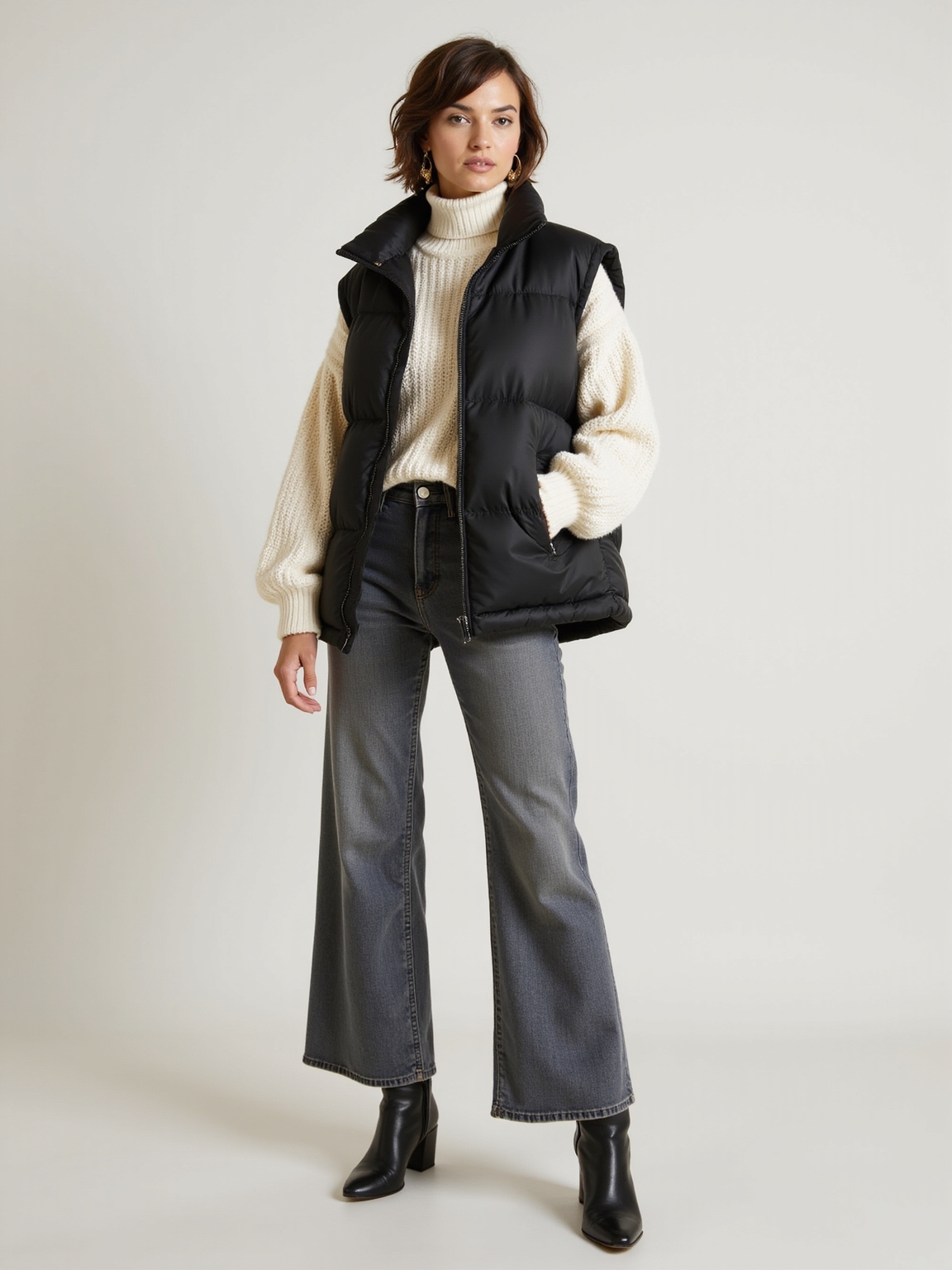 quilted vest over chunky knit
