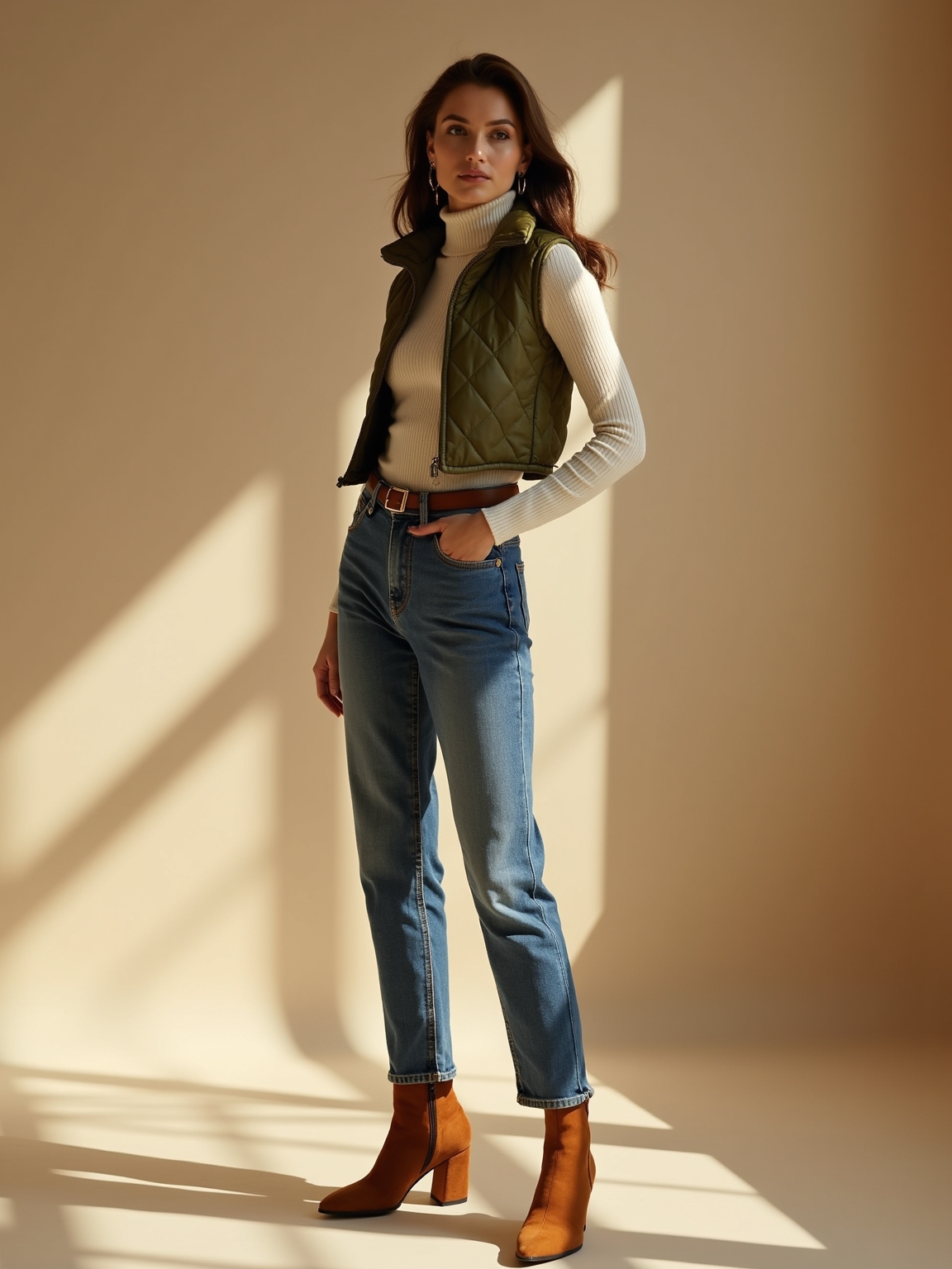 quilted vest straight leg denim