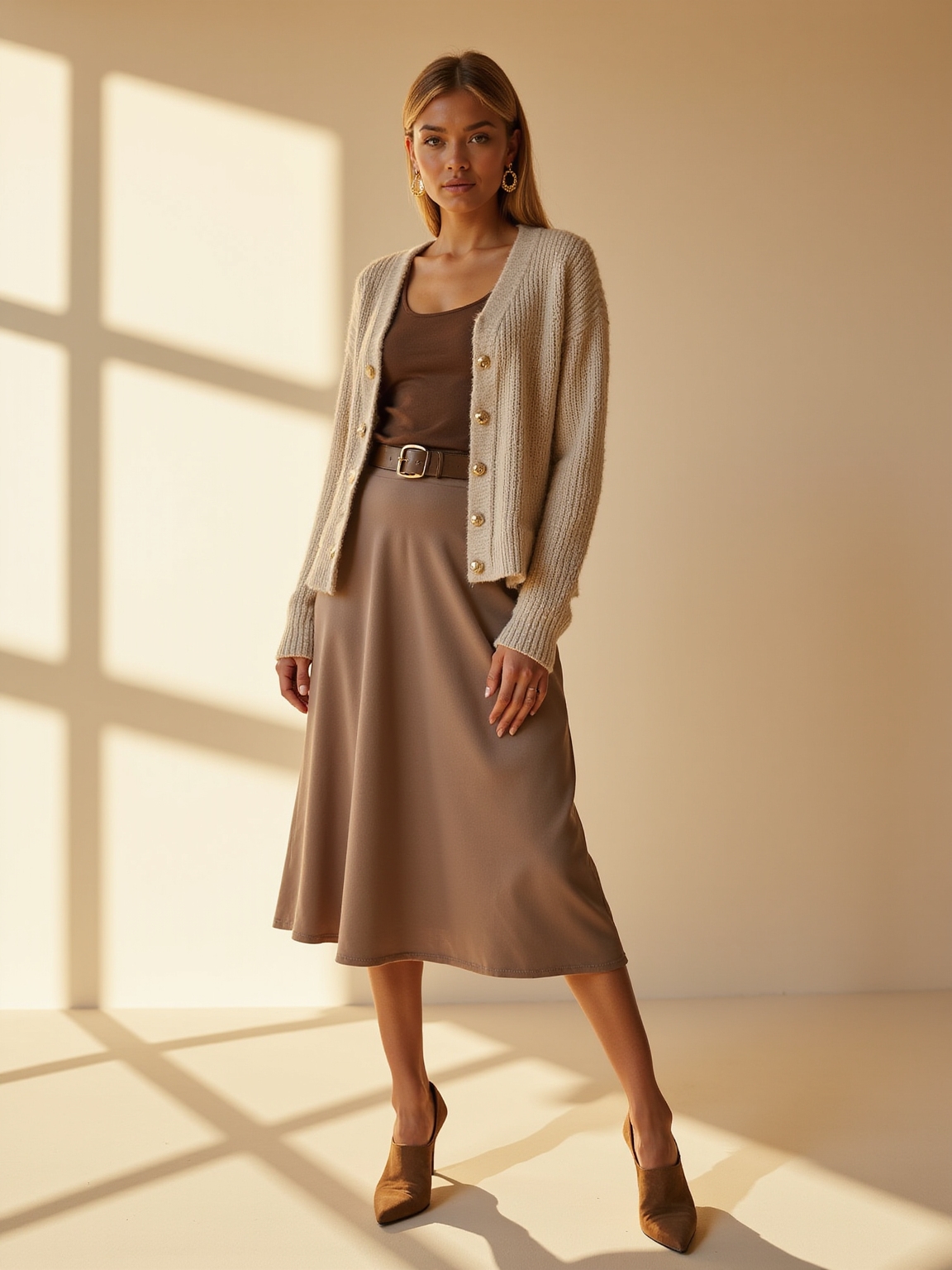 ribbed cardigan silk skirt