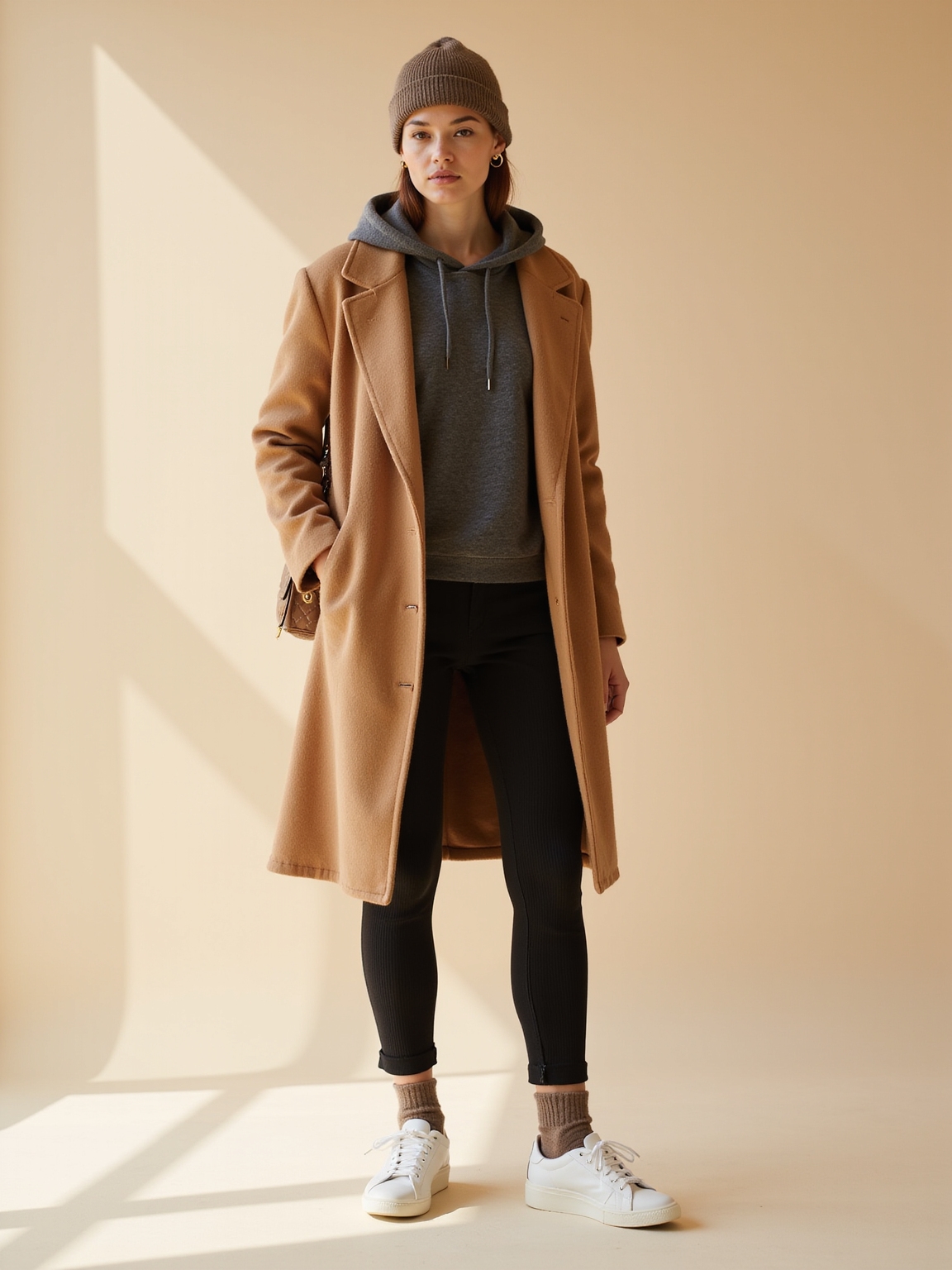 ribbed leggings camel wool coat
