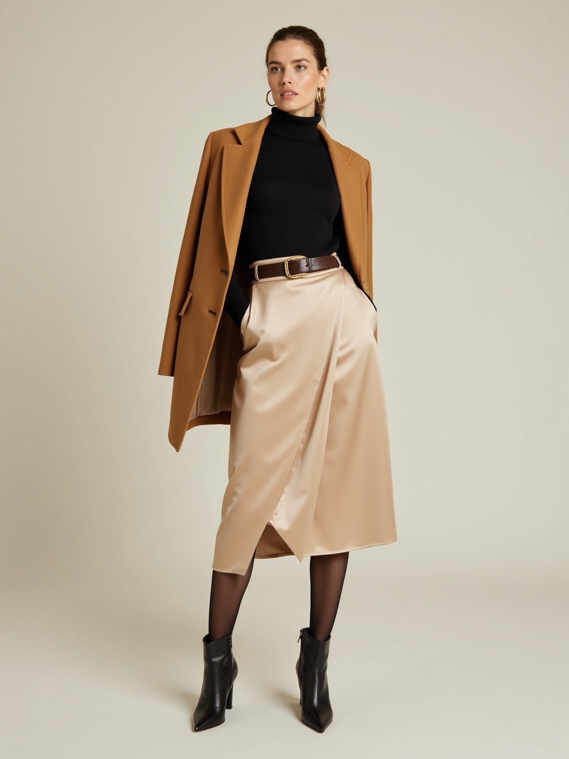 ribbed turtleneck beneath satin