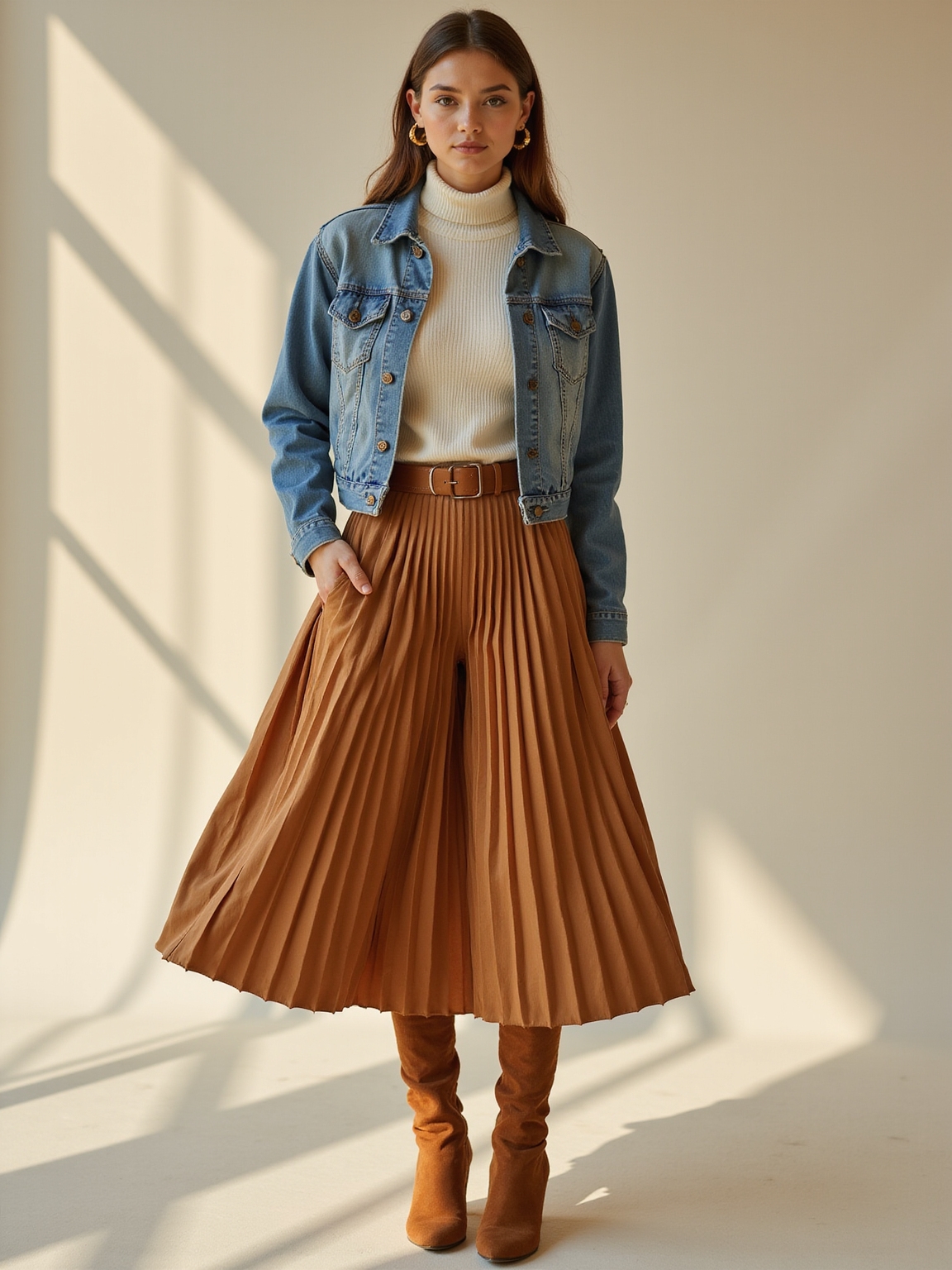 ribbed turtleneck pleated skirt