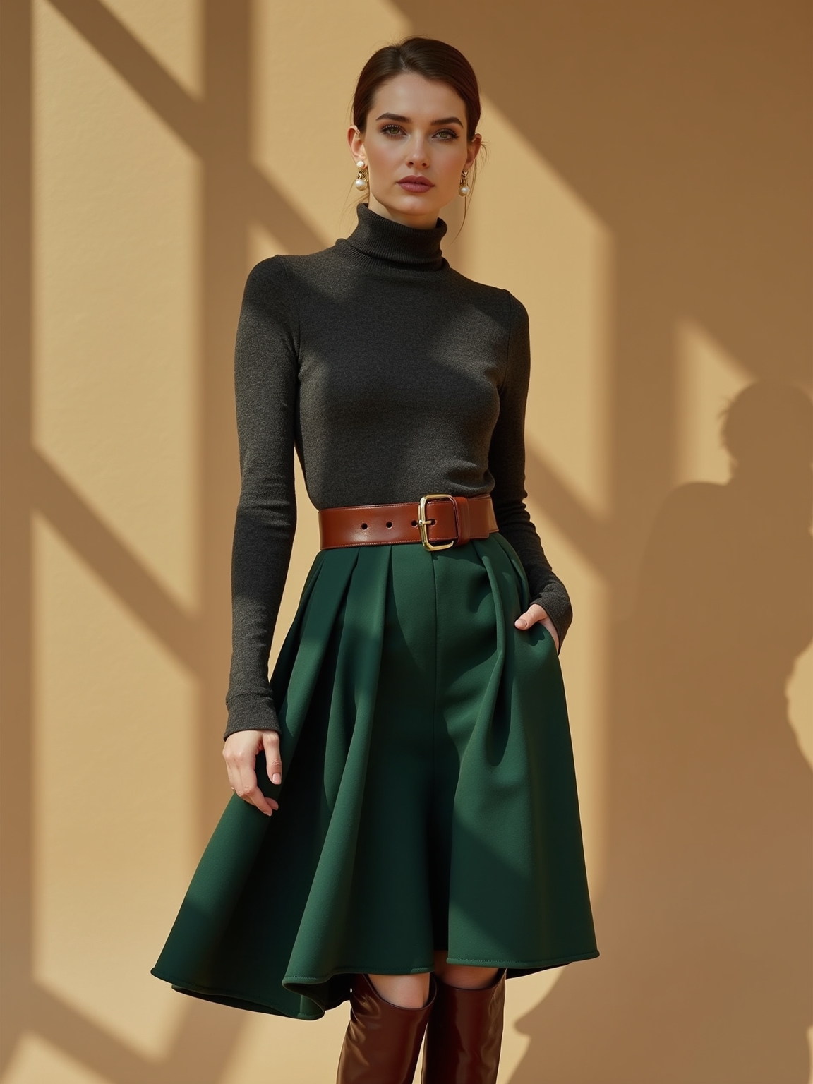 ribbed turtleneck with pleats
