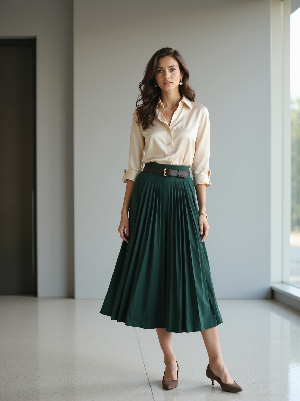 satin blouse pleated midi