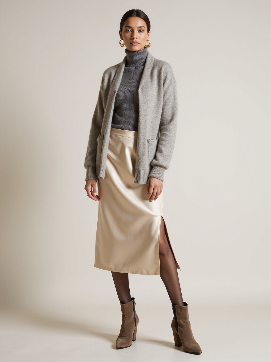satin skirt with cardigan