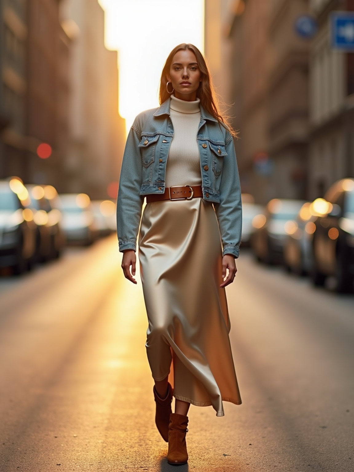 satin skirt with denim