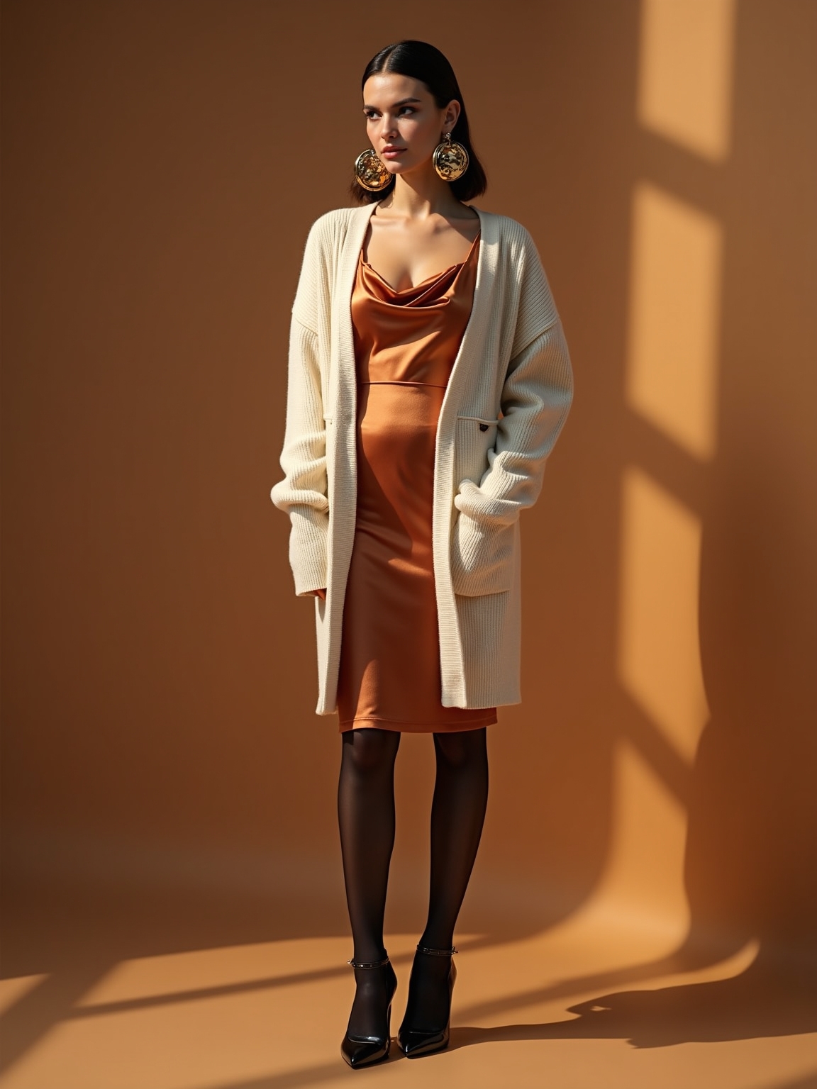 satin slip cardigan coat statement earrings