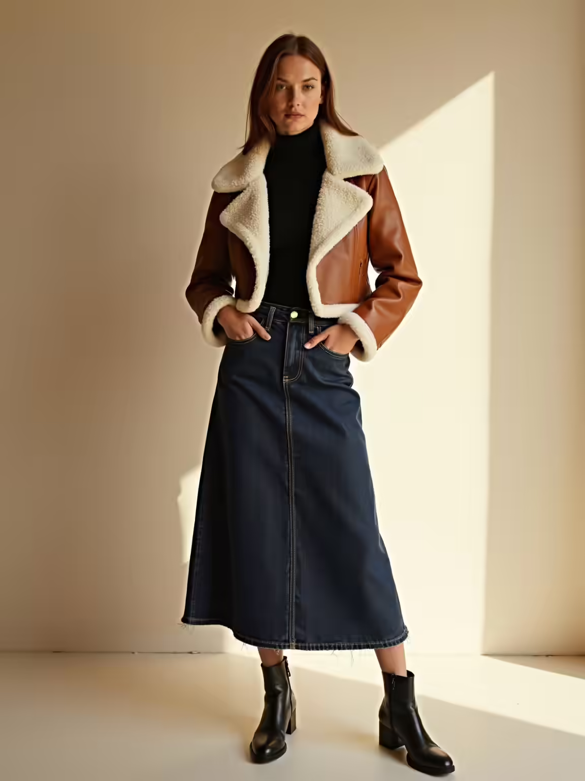 shearling jacket over maxi