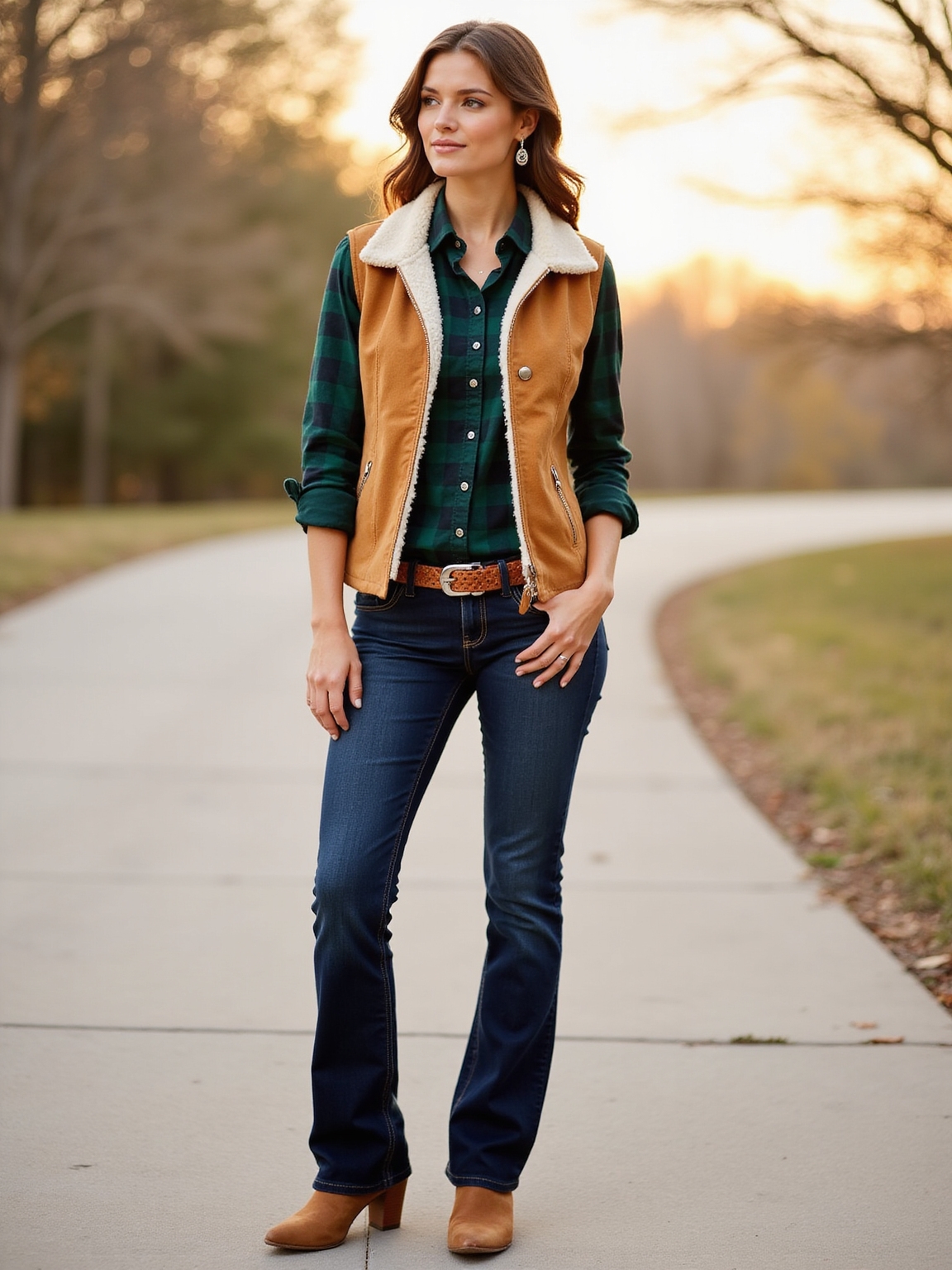 shearling trimmed vest over plaid