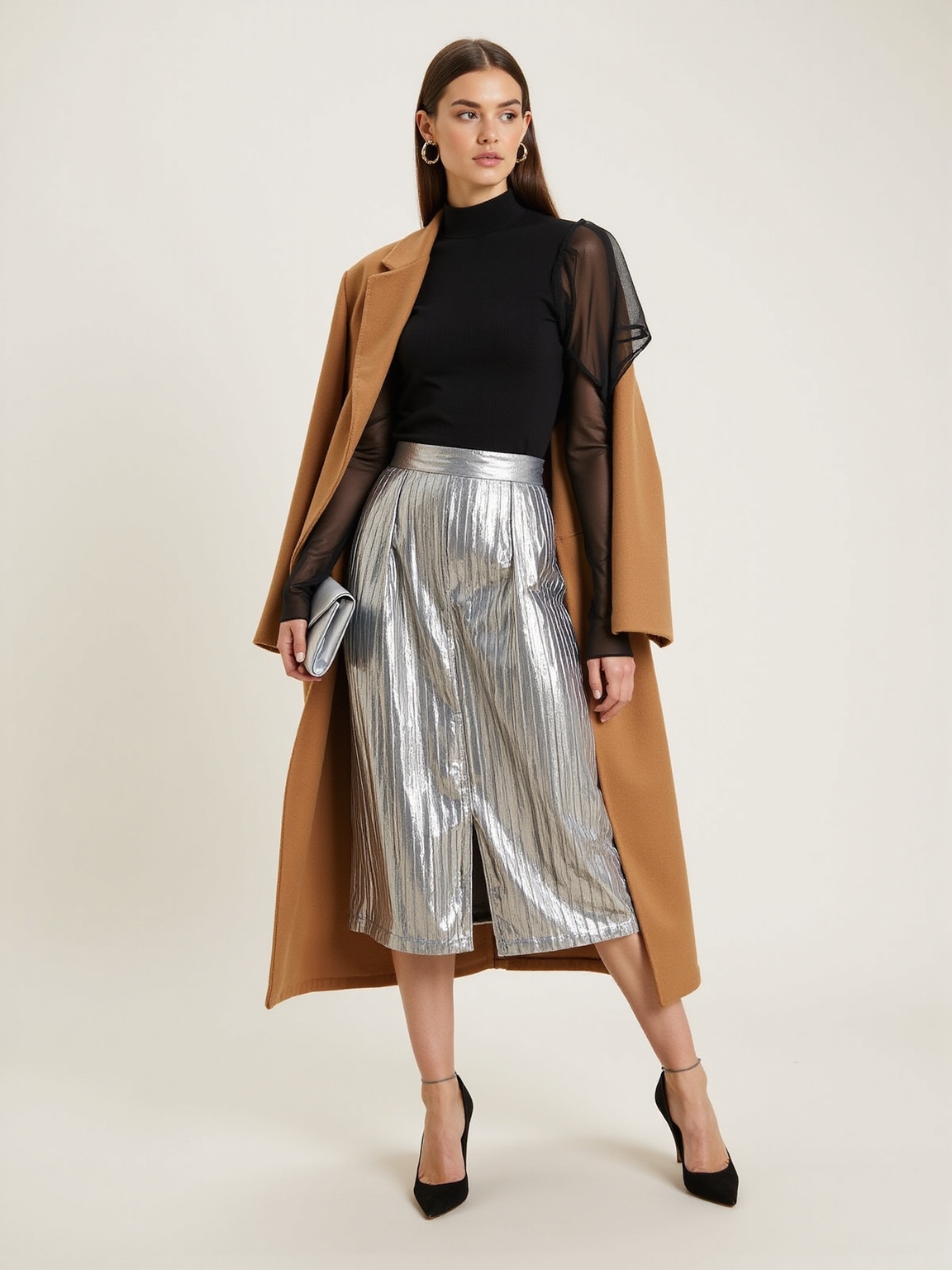 sheer sleeves metallic skirt