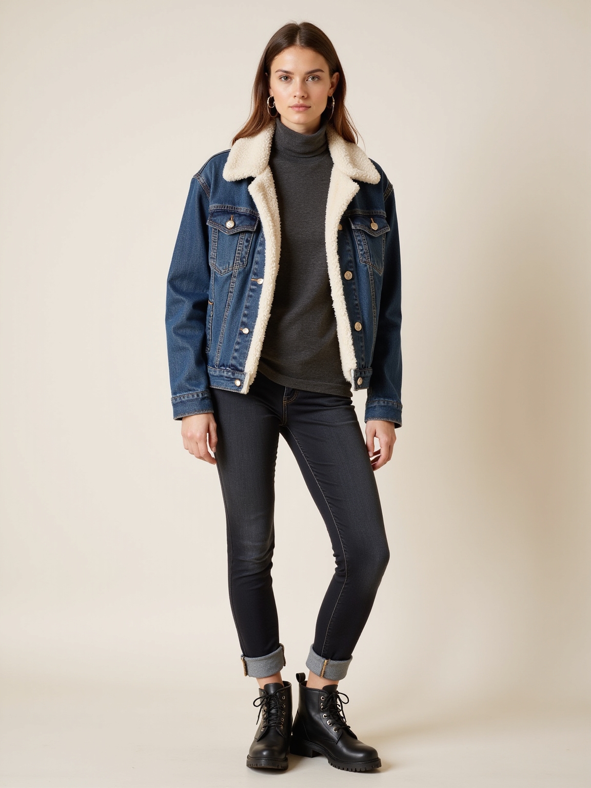 sherpa lined denim winter outfit