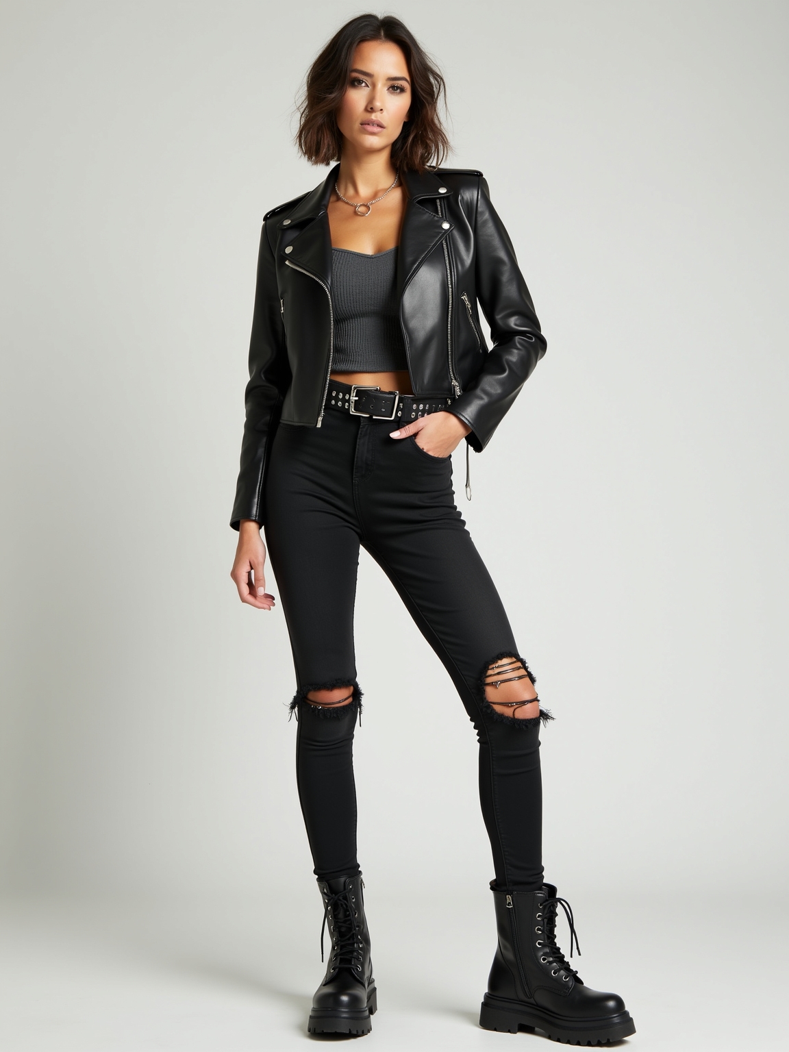 slashed denim chunky moto boots